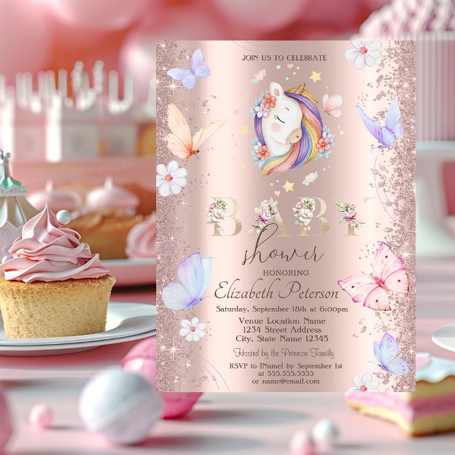 Invitation Fête de Naissance Licorne Papillons Confettis Pail (Créateur téléchargé)