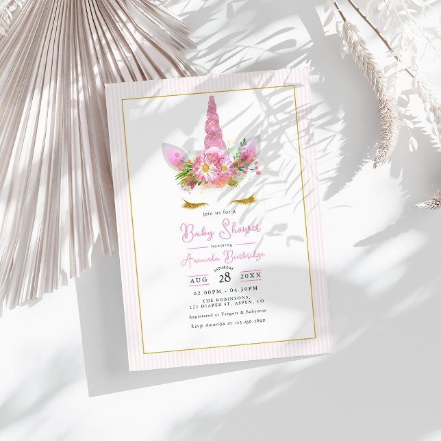 Invitation Fête de Naissance Licorne Rose Magique (Magical Pink Unicorn Baby Shower Invitation)