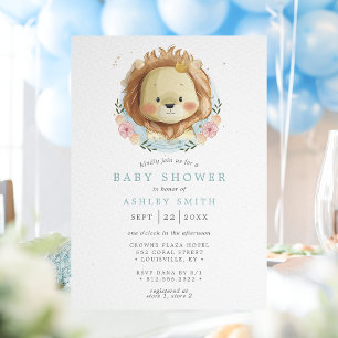 Invitation Fête de naissance Lion Bleu Floral Bébé