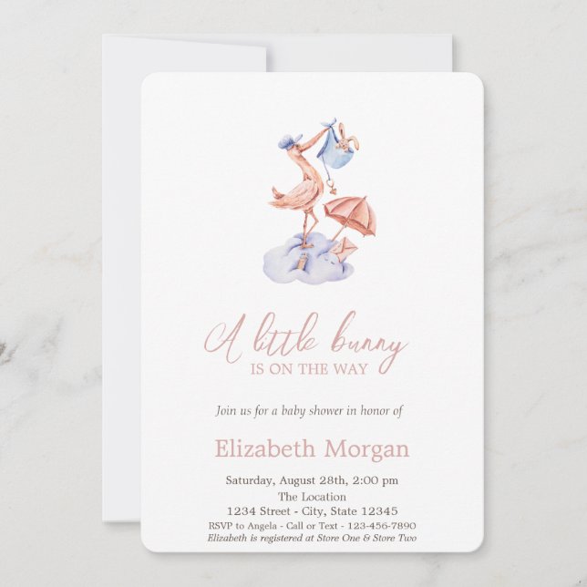 Invitation Fête de naissance Little Bunny Stork Polka Dots (Devant)
