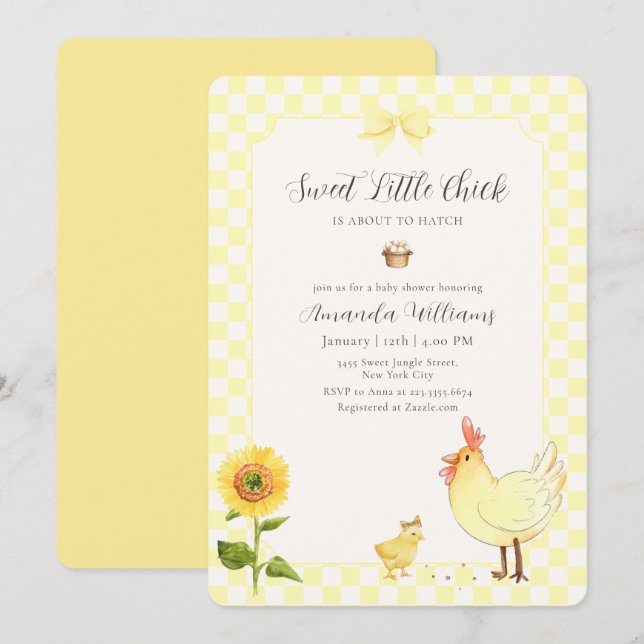 Invitation Fête de naissance Little Chick Sunflower Gingham J (Devant / Derrière)