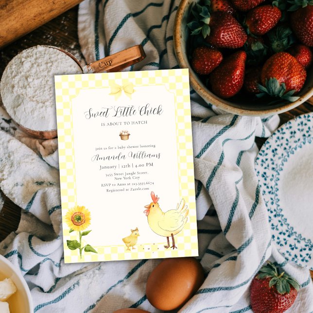Invitation Fête de naissance Little Chick Sunflower Gingham J (Yellow Gingham Sunflower Little Chick Baby Shower Invitation)