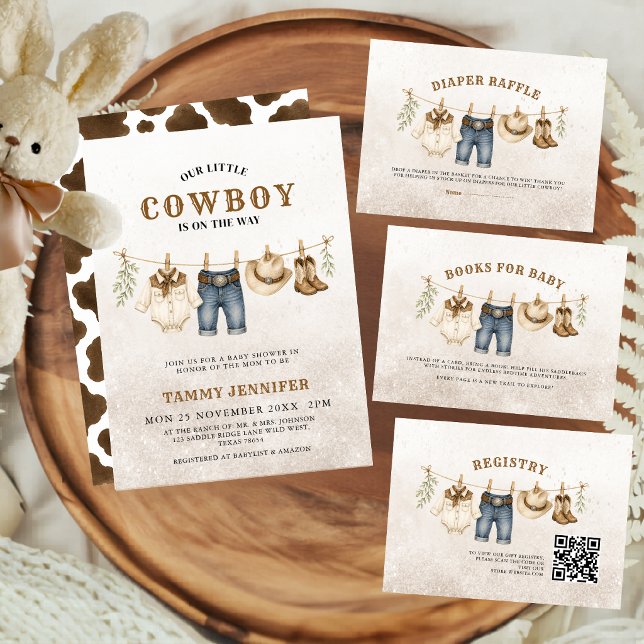 Invitation Fête de naissance Little Cowboy Impression de vach (Créateur téléchargé)