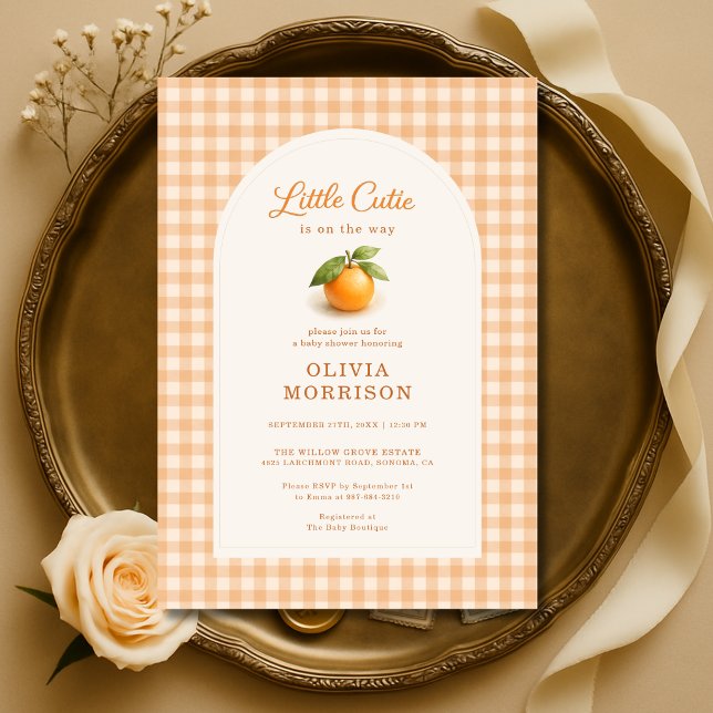 Invitation Fête de Naissance Little Cutie Orange Gingham (Créateur téléchargé)