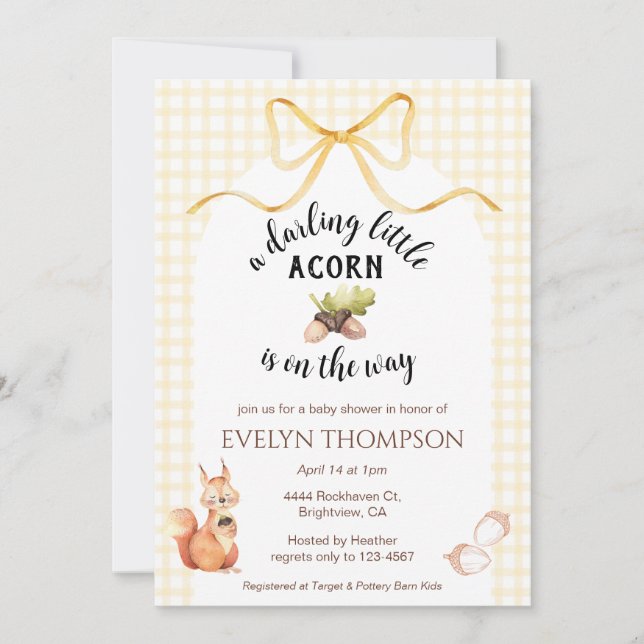 Invitation Fête de naissance Marigold Squirrel Acorn Gingham  (Devant)