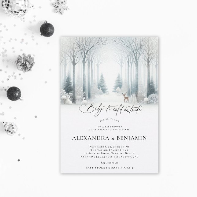 Invitation Fête de Naissance Mixte Forêt Blanche Hivernale (cold outside winter baby shower invitation neutral white wonderland enchanted forest woodland coed)