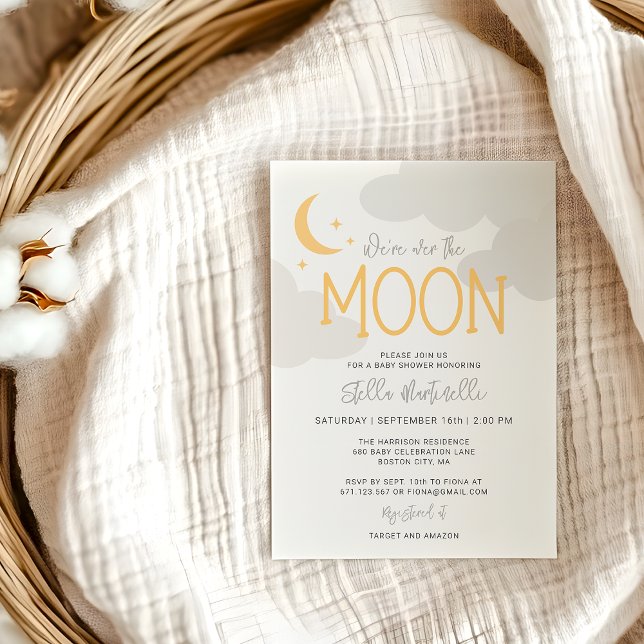 Invitation Fête de Naissance Moderne Au-Dessus de la Lune Ave (Modern Over The Moon With Details Baby Shower Invitation)