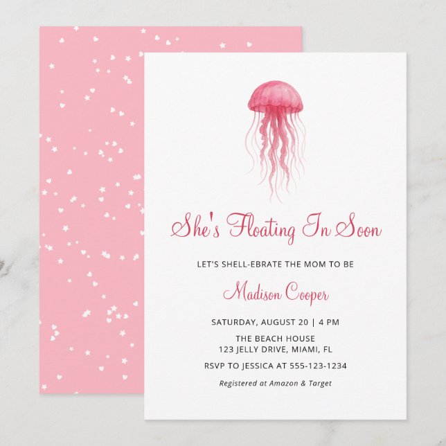 Invitation Fête de Naissance Moderne Fille Méduse Rose Aquare (Devant / Derrière)