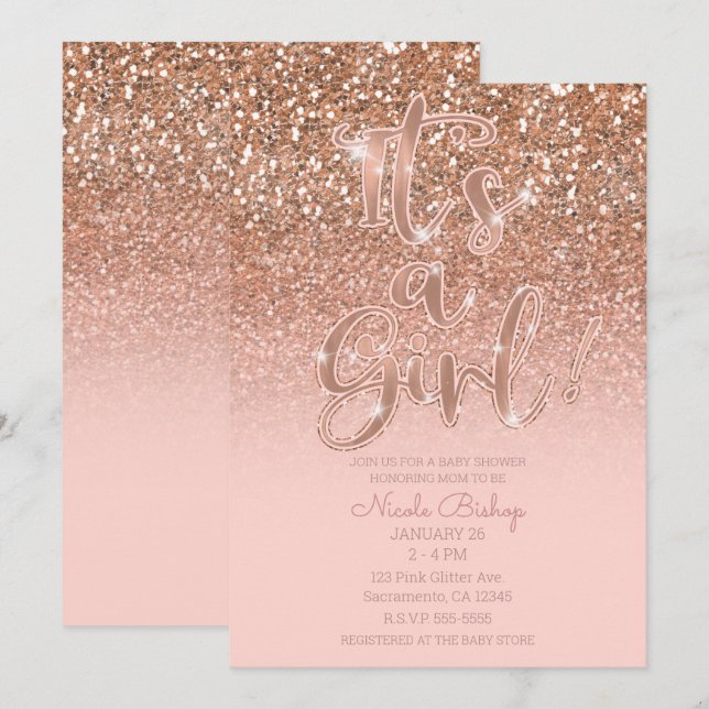 Invitation Fête de Naissance Moderne Fille Paillettes Rose Gl (Devant / Derrière)