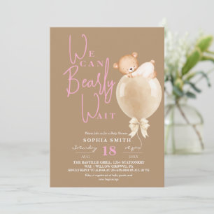 Invitation Fête de naissance Moderne Ours Rose Ballon