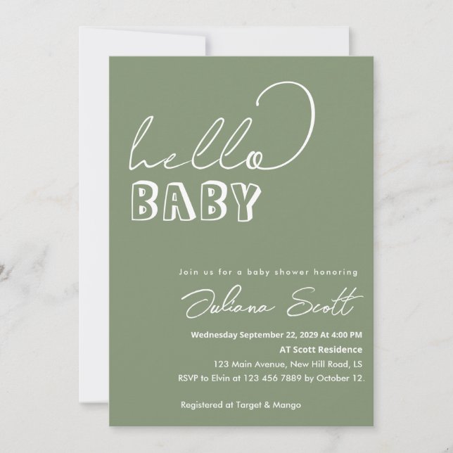 Invitation Fête de naissance Moderne Vert Sauge Hello Baby (Devant)