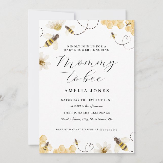 Invitation Fête de naissance Mummy To Bee Jaune  (Devant)