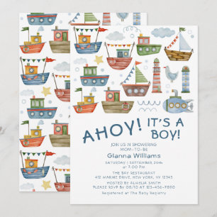 Invitation Fête de naissance nautique Ahoy C'est un garçon