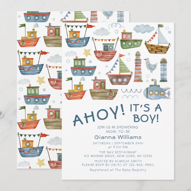 Invitation Fête de naissance nautique Ahoy C'est un garçon (Devant / Derrière)