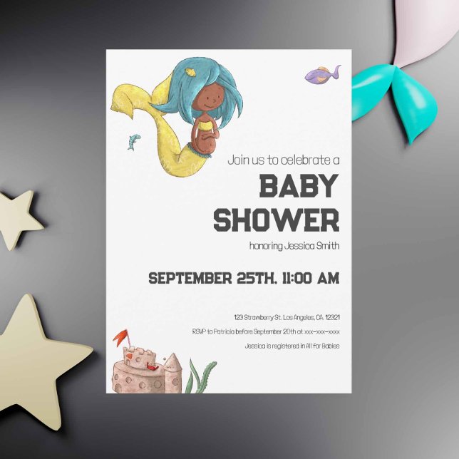 Invitation Fête de naissance neutre de sirène noire enceinte  (Cute Black pregnant mermaid gender neutral baby shower in yellow and blue colors. Exclusive design.)