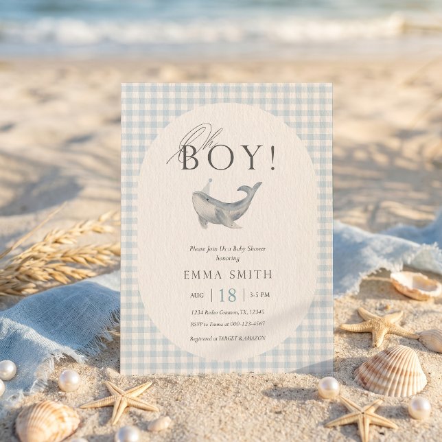Invitation Fête de naissance "Oh Boy" à l'aquarelle de balein (Créateur téléchargé)