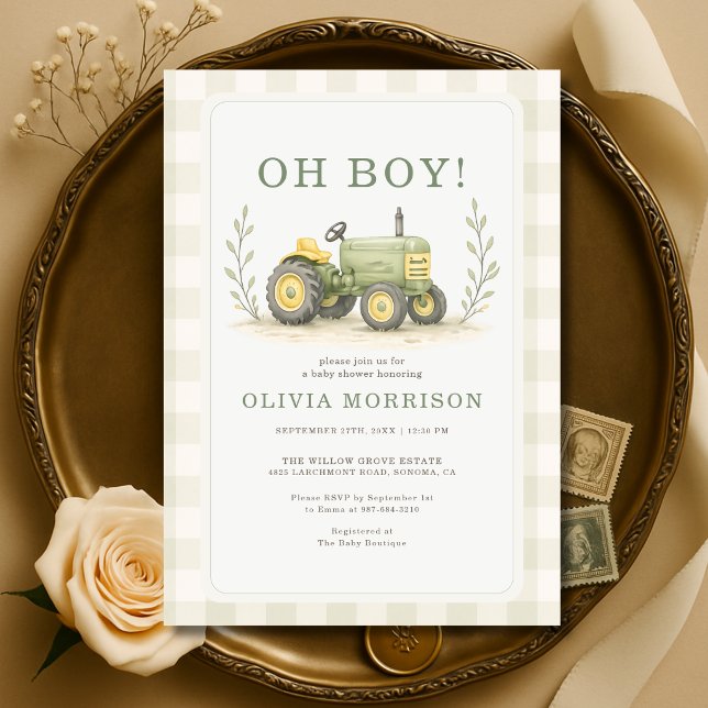Invitation Fête de Naissance Oh Boy Farmer Tracteur Gingham G (Créateur téléchargé)