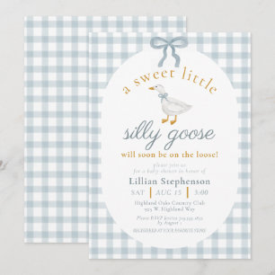 Invitation Fête de Naissance Oie Folle Bleu à Ruban à Carreau