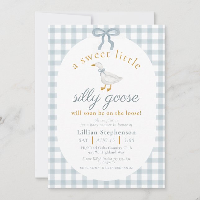 Invitation Fête de Naissance Oie Folle Ruban Bleu Canard Ging (Devant)