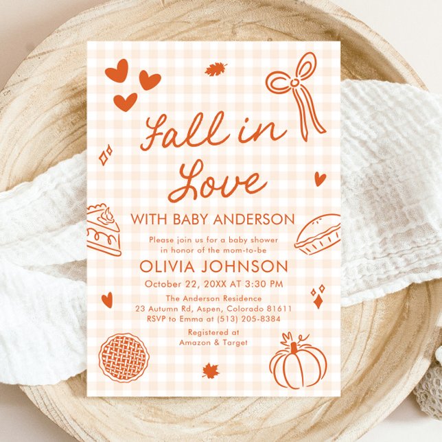 Invitation Fête de naissance Orange Gingham Dessinée à la mai (Orange Gingham Hand Drawn Fall in Love Baby Shower Invitation)