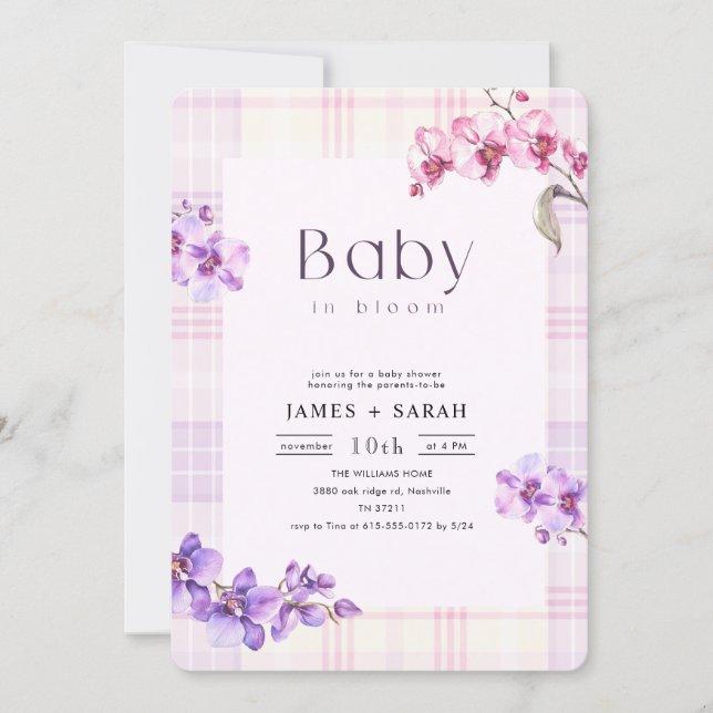 Invitation Fête de naissance Orchidée Violette Gingham Floral (Devant)