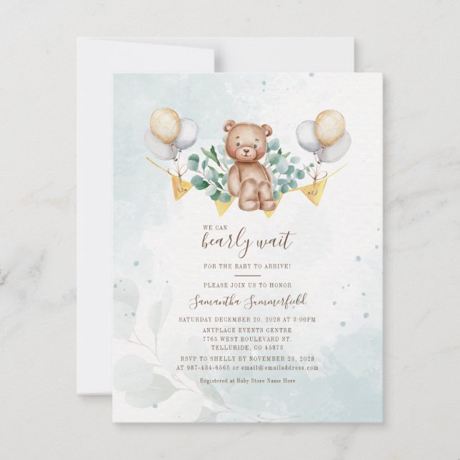 Invitation Fête de naissance ours aquarelle verdure d'eucalyp (Devant)