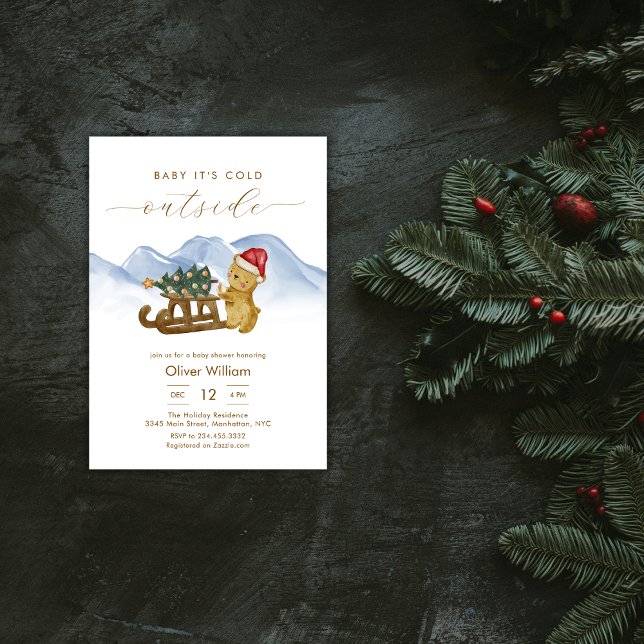 Invitation Fête de naissance ours traîneau de bois rustique d (Rustic Winter Woodland Sleigh Bear Baby Shower Invitation)