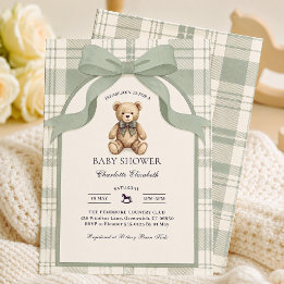 Invitation Fête de naissance ourson à carreaux vert sauge