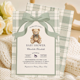 Invitation Fête de naissance ourson à carreaux vert sauge