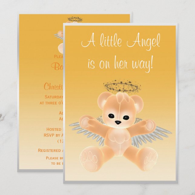 Invitation Fête de naissance Ourson Ange Orange (Devant / Derrière)