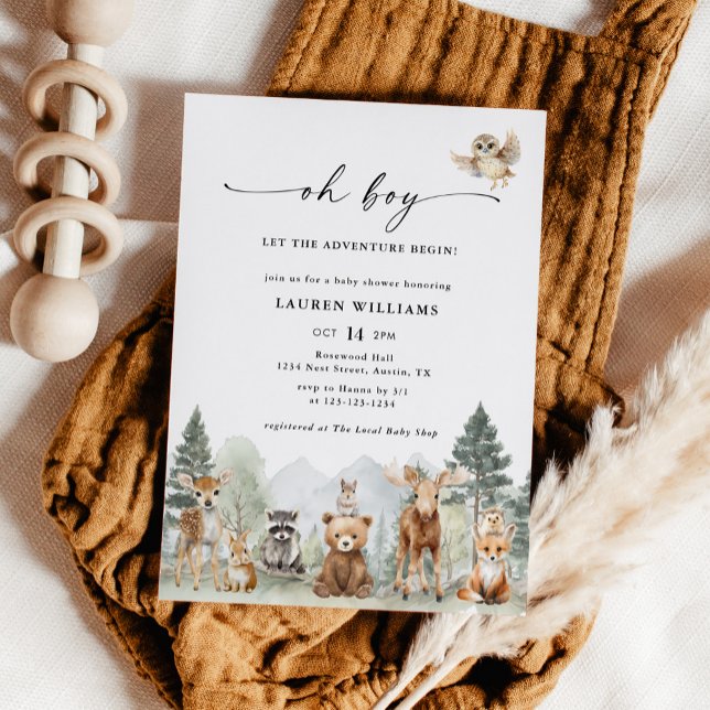 Invitation Fête de Naissance Ourson Aquarelle Forêt Oh Garçon (Créateur téléchargé)