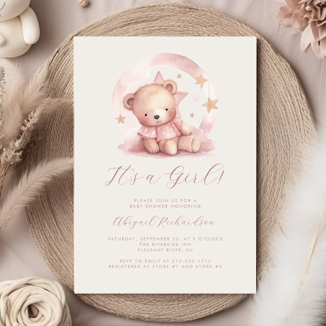 Invitation Fête de naissance Ourson aquarelle rose fille (Créateur téléchargé)