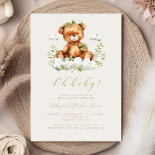 Invitation Fête de naissance ourson aquarelle verte eucalyptu