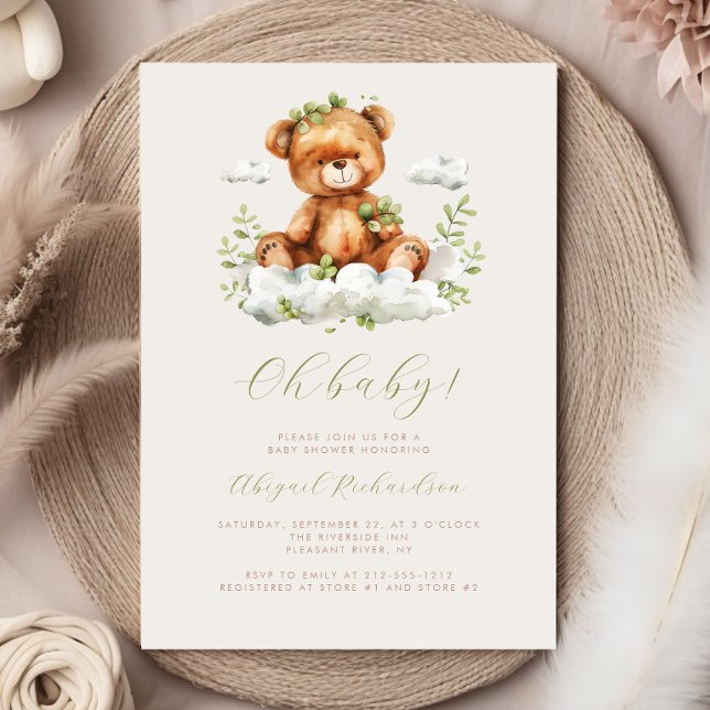 Invitation Fête de naissance ourson aquarelle verte eucalyptu (Créateur téléchargé)