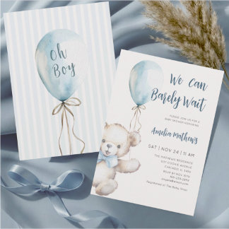 Invitation Fête de naissance Ourson Bleu Ballon