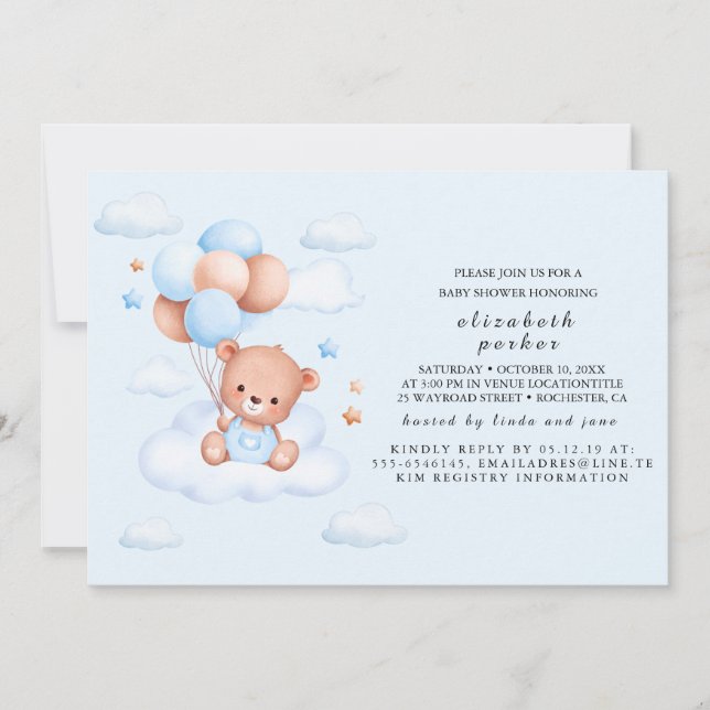 Invitation Fête de naissance Ourson Bleu Garçon (Devant)