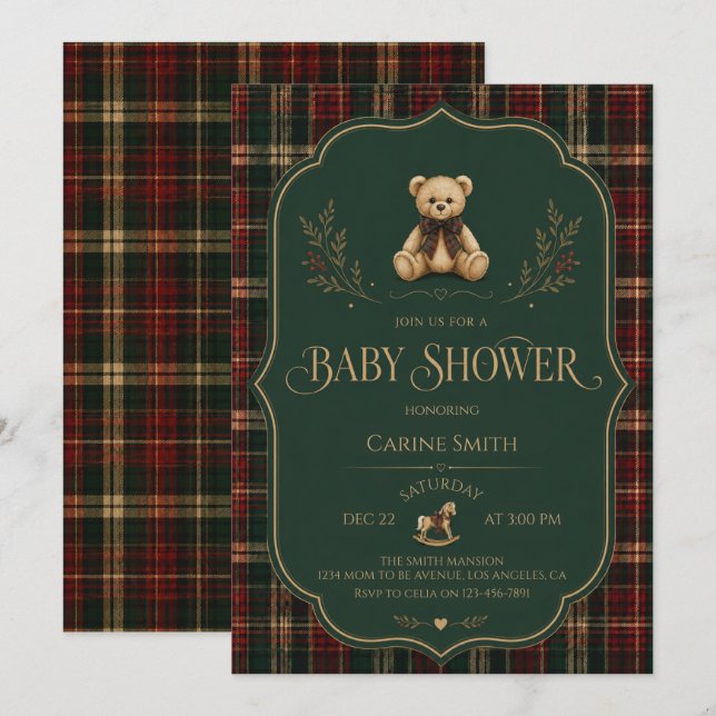 Invitation Fête de Naissance Ourson Carreaux Rustique (Devant / Derrière)