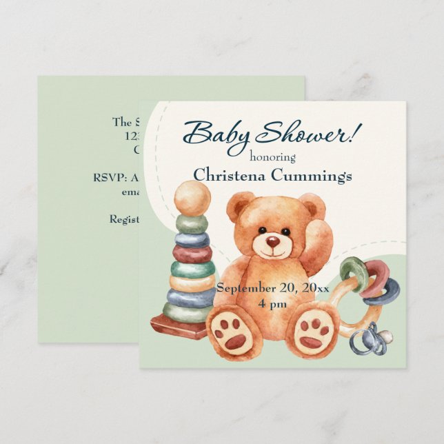 Invitation Fête de naissance Ourson Classique et Jouets (Devant / Derrière)