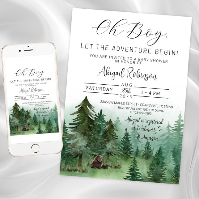 Invitation Fête de naissance Ourson de bois garçon Oh garçon (Woodland bear baby shower invitation. Instant download and printed invitations available.)