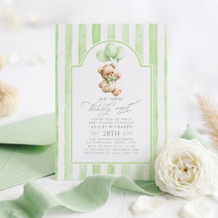 Invitation Fête de naissance Ourson élégant rayures vert saug