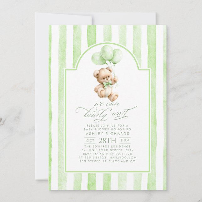Invitation Fête de naissance Ourson élégant rayures vert saug (Devant)