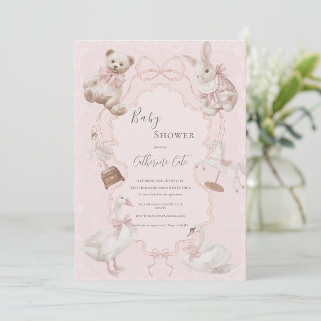 Invitation Fête de naissance ourson élégant rose capricieux (Debout devant)