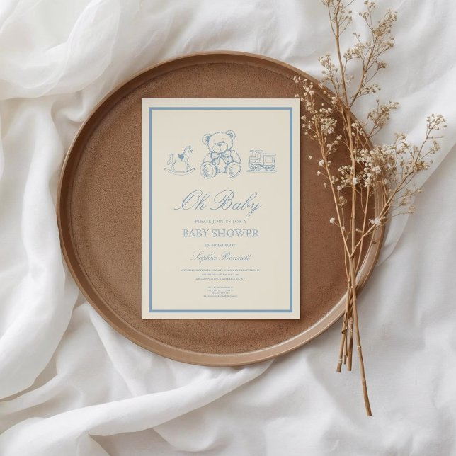 Invitation Fête de naissance ourson en bleu pastel classique (Créateur téléchargé)