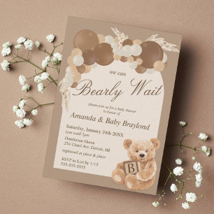 Invitation Fête de naissance ourson en herbe de Pampas neutre
