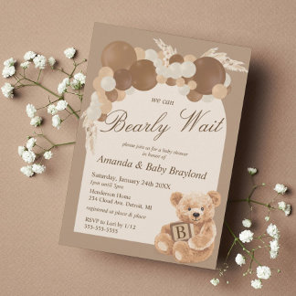 Invitation Fête de naissance ourson en herbe de Pampas neutre