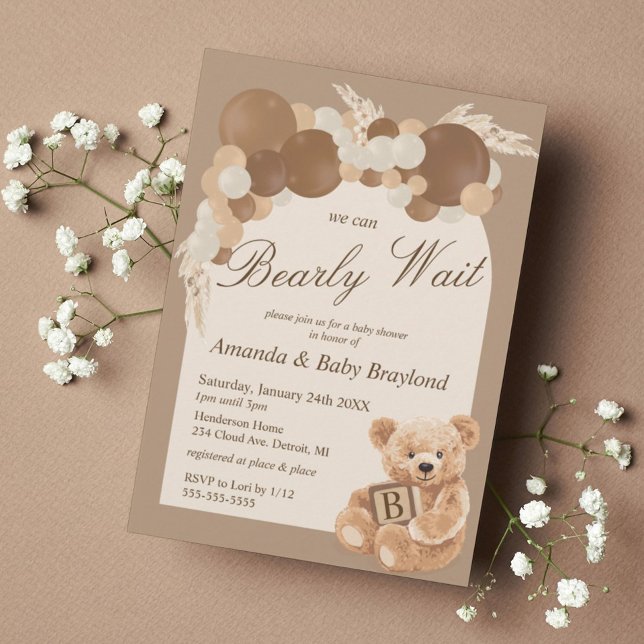Invitation Fête de naissance ourson en herbe de Pampas neutre (Créateur téléchargé)