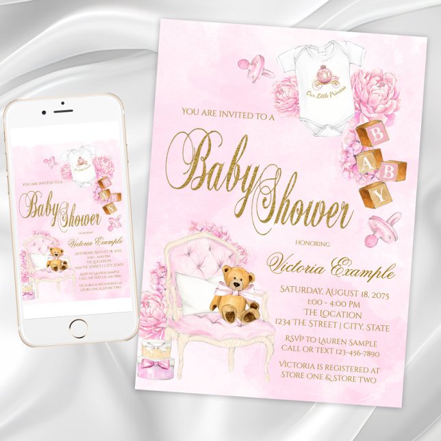 Invitation Fête de naissance ourson en peluche rose or fille (Girl Watercolor Pink Gold Teddy Bear Baby Shower Invitation. Download and printed available.)