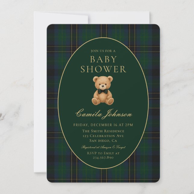 Invitation Fête de naissance ourson en tartan vert classique (Devant)