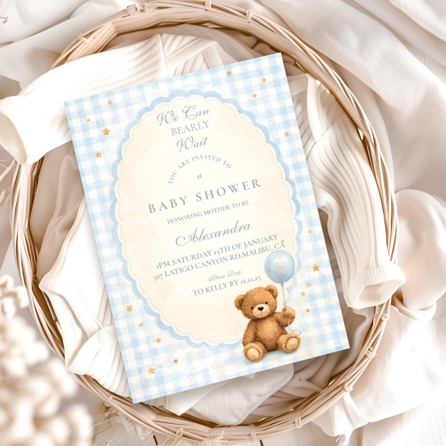 Invitation Fête de naissance ourson en vichy bleu (Créateur téléchargé)