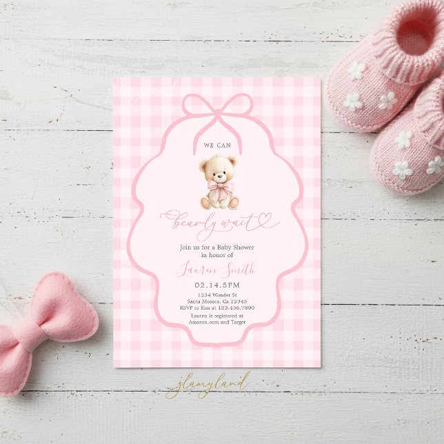 Invitation Fête de naissance ourson en vichy fille (Créateur téléchargé)